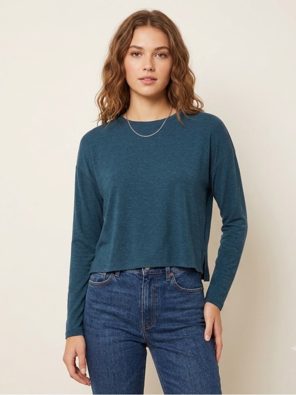 Tahari Dark Teal Long Sleeve Cropped Shirt, Women’s Size XS, extra small